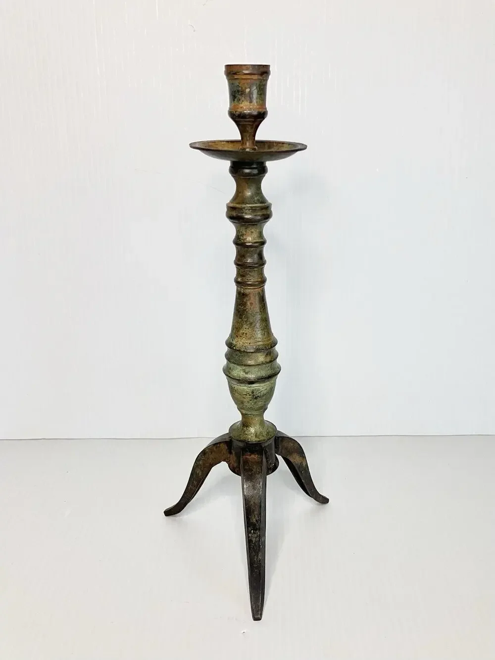 Vintage Iron Tripod 14” Candlestick Holder Gothic Altar Spanish Verdigris Green